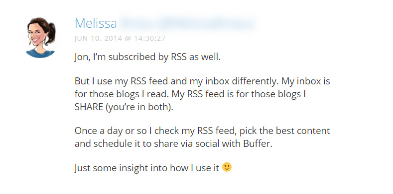 User's comment on importance of RSS feed