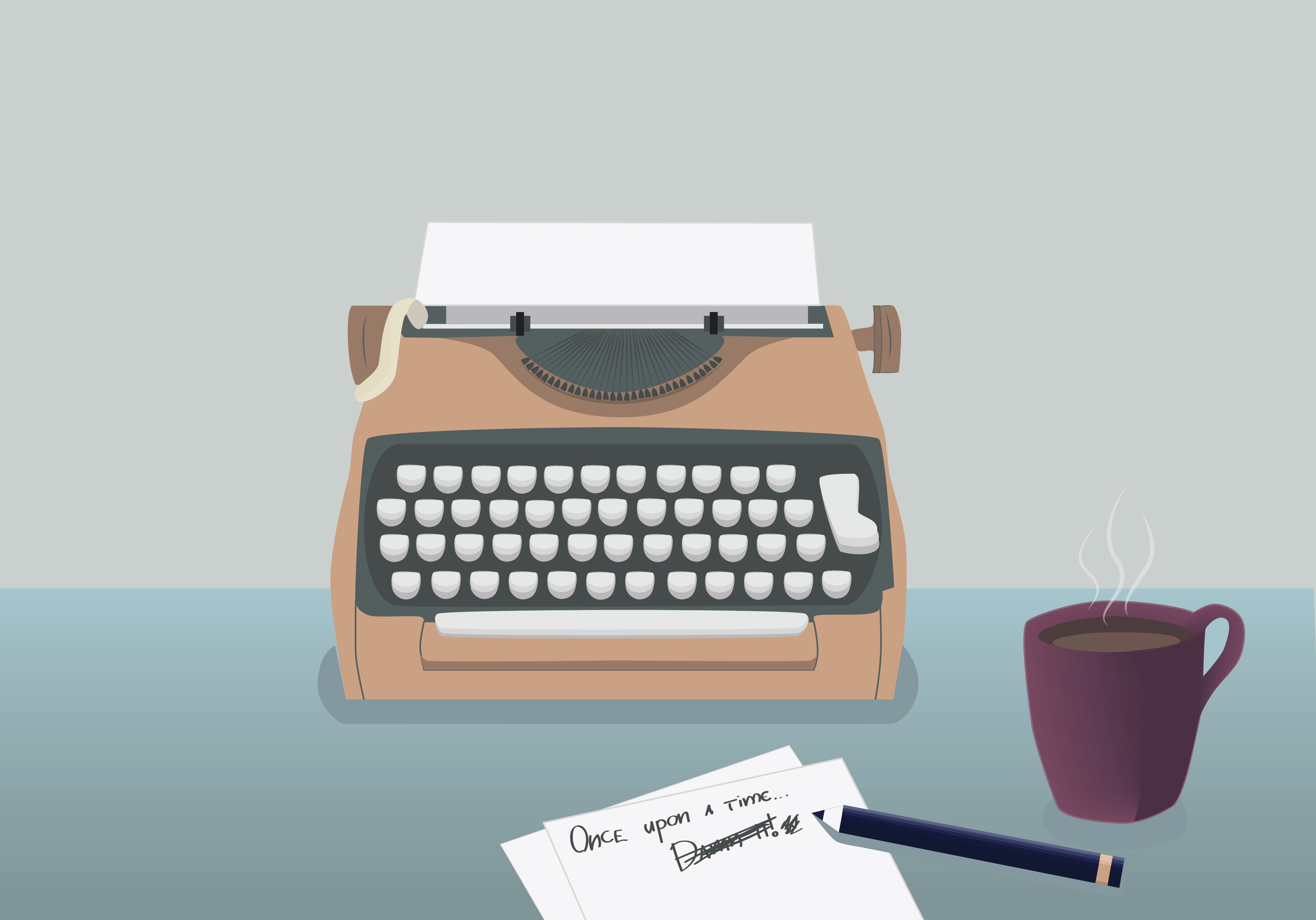 Writer's table: the typewriter, cup of coffee, sheet, and a pen