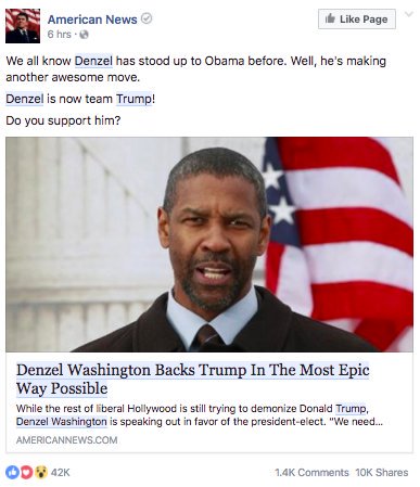Fake Facebook news screenshot: 'Denzel Washington Backs Trump In The Most Epic Way Possible'